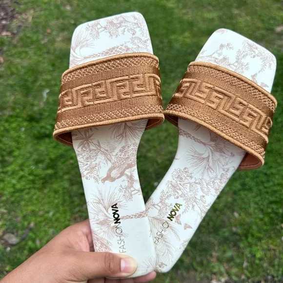 Fashion Nova Brown and Cream Slide Sandals with Greek Key Design - Picture 2 of 2